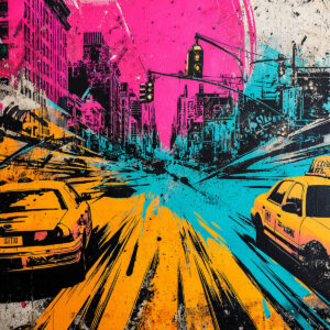 Artwork inspired by an urban scene stencil with vibrant colors