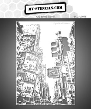 Urban Verticality stencil depicting buildings seen from a low-angle with a traffic light hanging in an urban street art atmosphere.