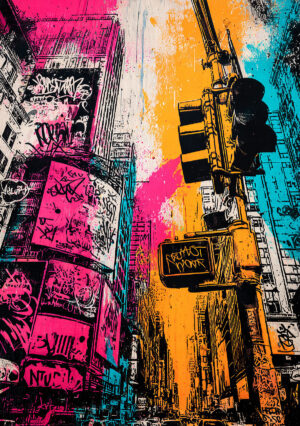 Colorful artwork inspired by an urban scene with graffiti and buildings.