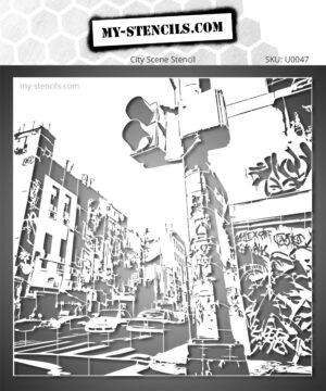 Stencil Urban Perspective depicting a lively street with a traffic light in a street art vibe inspired by major cities.