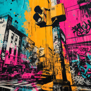 Colorful artwork inspired by an urban scene with graffiti.