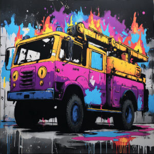 Colorful illustration of a vintage fire truck created with a flexible, reusable, and reversible stencil.