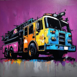 Inspiring result of the fire truck stencil on a colorful background.