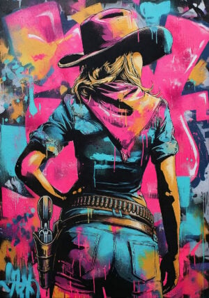 Artistic depiction of a Western cowgirl seen from behind, wearing a cowboy hat, a scarf, and a revolver at her belt, set in a Wild West-inspired atmosphere.