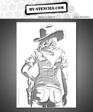Stencil depicting the silhouette of a Western cowgirl from behind, with her iconic accessories from the cowboy and American Western world.