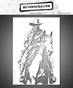 Stencil depicting a cowboy on horseback with a western hat, an iconic silhouette of the Wild West and American cowboy culture.