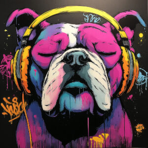 Colorful street art style illustration of a bulldog with headphones.