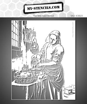 Stencil of Vermeer's Milkmaid inspired by the famous painting by Johannes Vermeer, rich in details for painting and artistic decoration.