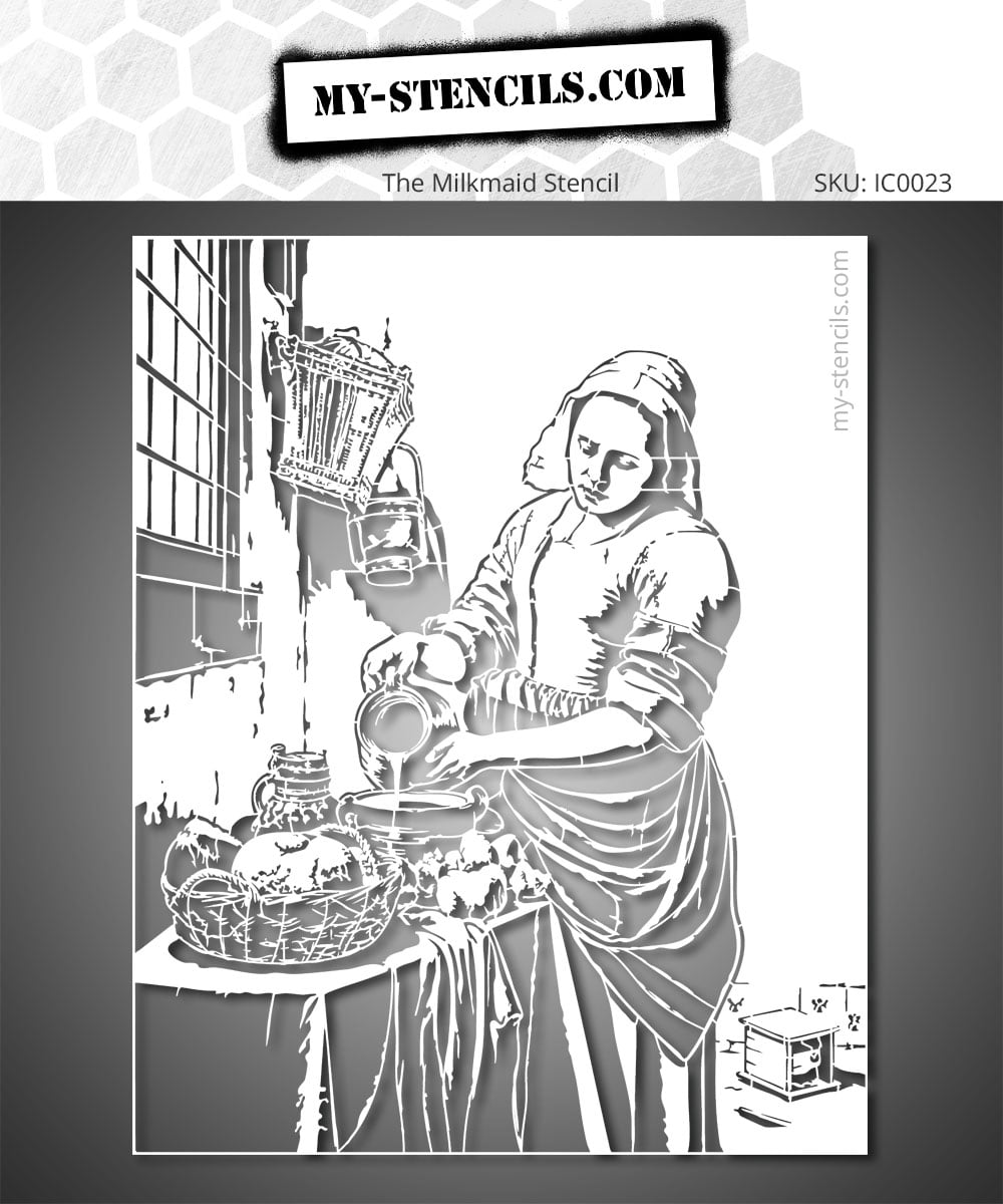 Stencil of Vermeer's Milkmaid inspired by the famous painting by Johannes Vermeer, rich in details for painting and artistic decoration.