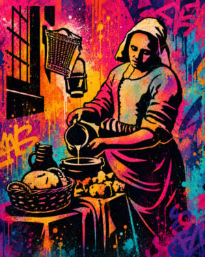 Example of artistic creation using the Milkmaid stencil inspired by the famous painting by Johannes Vermeer with bright colors.