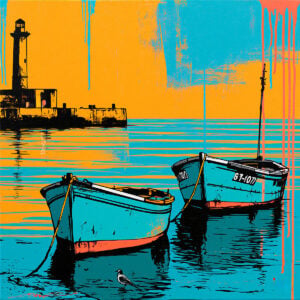 Colorful painting of boats in front of a lighthouse in a coastal landscape, created with decorative stencils.