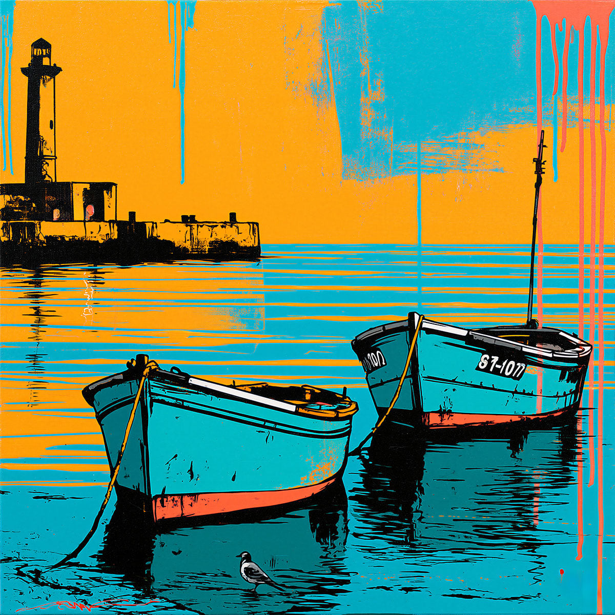 Colorful painting of boats in front of a lighthouse in a coastal landscape, created with decorative stencils.