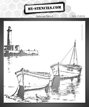 Stencil depicting two boats moored in front of a lighthouse on calm water. For easy creative art.