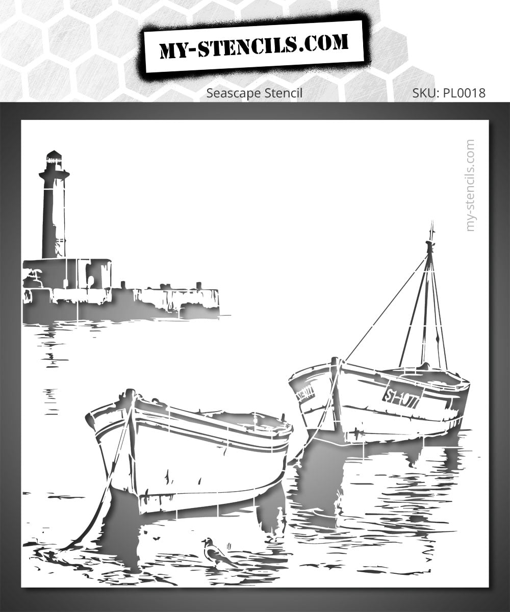 Stencil depicting two boats moored in front of a lighthouse on calm water. For easy creative art.