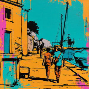 Colorful illustration of a coastal walk created with high-quality stencil