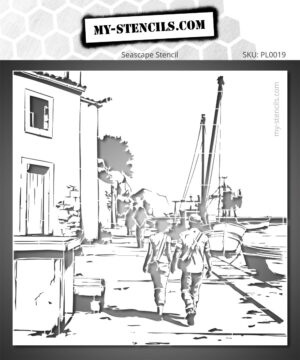 Stencil depicting a walk on a harbor pier with fishing boats and figures.