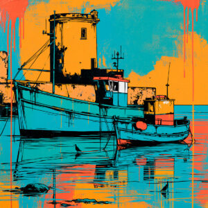 Colorful painting of a fishing boat easily created with the old fishing port stencil.