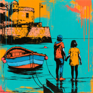 Colorful painting inspired by a seascape with children and a boat. Created with a stencil, designed to be simple and enjoyable to use.