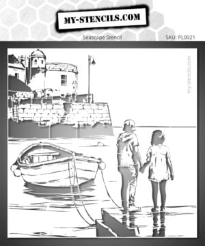 Stencil of a seaside landscape with two children by the water and boats. Perfect for easy painting.