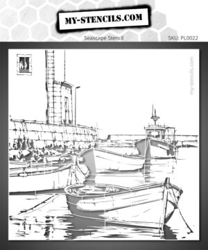 Stencil depicting several fishing boats moored in an old, calm harbor at the foot of the docks.
