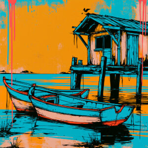 Colorful artistic result with shed and boats