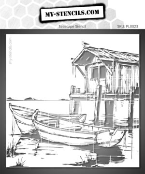 Stencil depicting a fisherman's hut on stilts with two boats moored at the water's edge.
