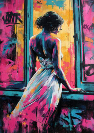 Artistic illustration created with a stencil, depicting a female portrait from behind in front of a window.