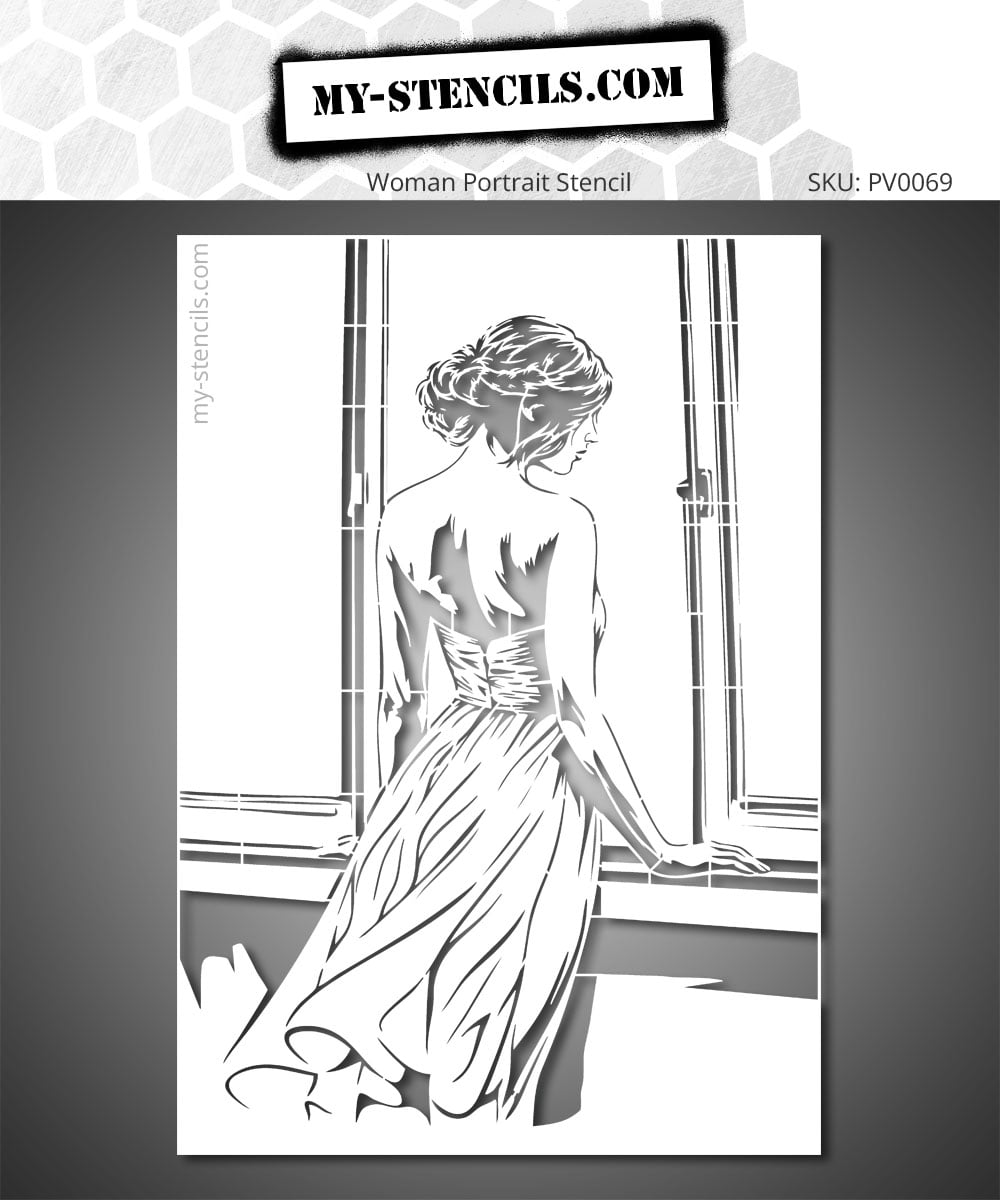 Stencil of a woman from behind contemplating the light near a window. Painting stencil. Reusable and reversible.