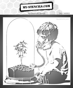 Stencil depicting a child with a gas mask and a plant under a glass dome - A striking image.