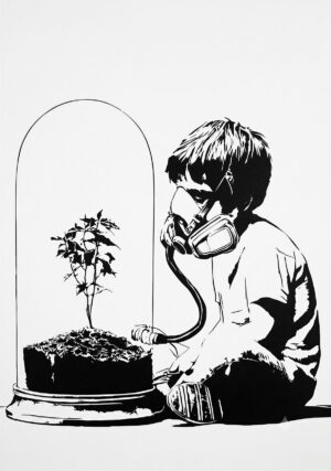 Illustration inspired by a child's stencil art featuring a gas mask-wearing figure breathing the same air as a plant under a glass dome.