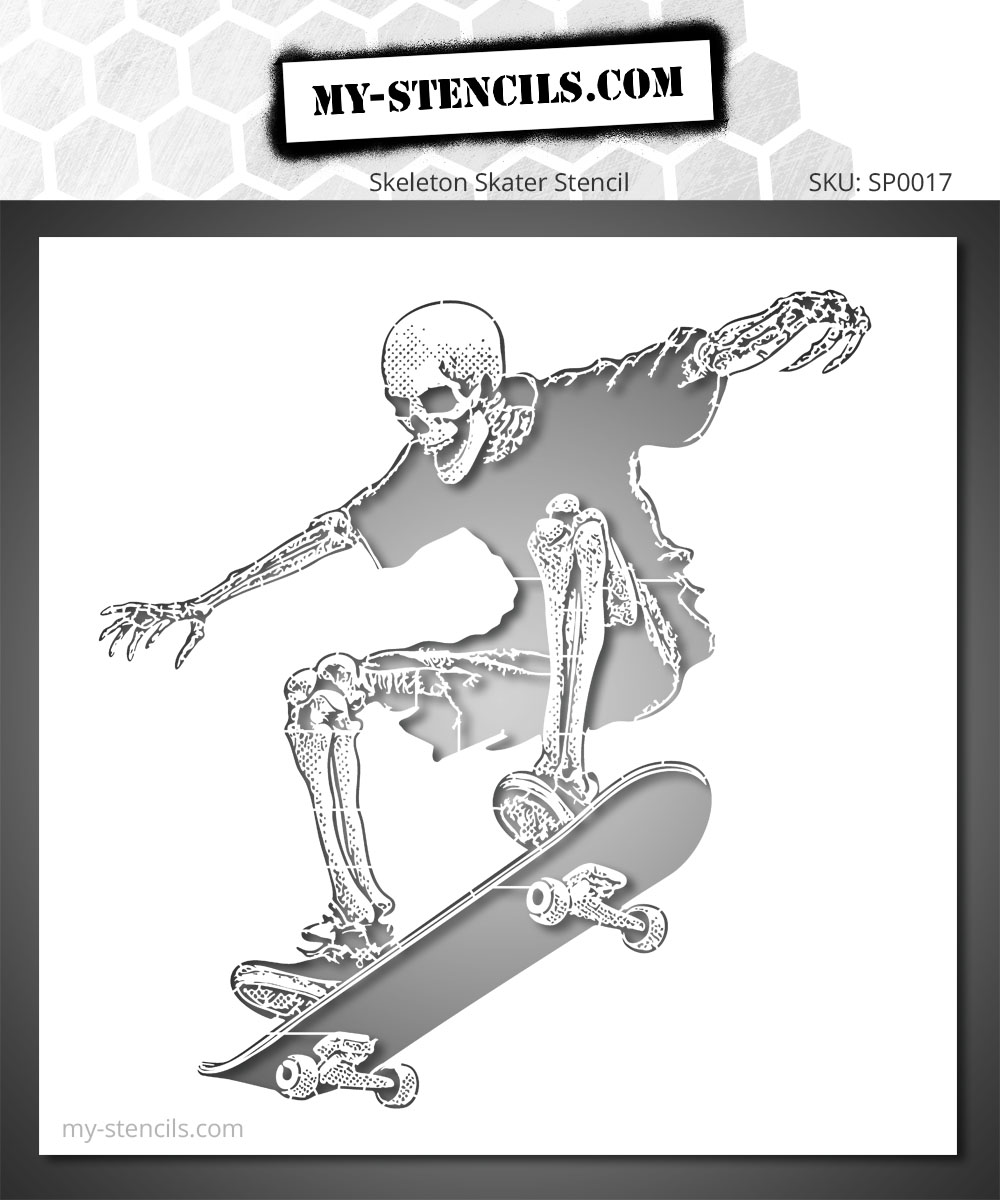 Stencil depicting a skeleton jumping on a skateboard