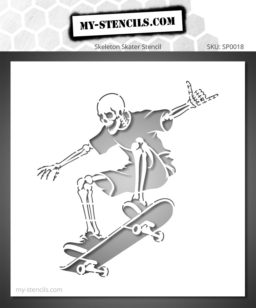 Stencil of a skateboarder skeleton mid-jump