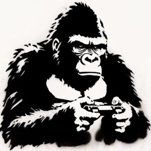 Illustration of a gorilla playing video games created with a stencil