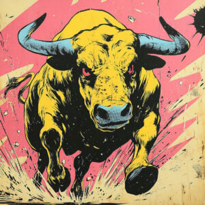 Colorful mural of a dynamic bull depicting a charging bull.