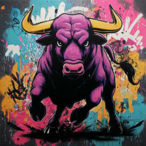 Colorful illustration of a dynamic bull on an artistic background