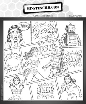 Stencil of Superheroine vs Robot composed like a comic book page. Multiple panels depict the showdown between a superheroine and a retro robot, punctuated by action scenes, explosions, and the onomatopoeias POW, KABOOM, and BLAM.