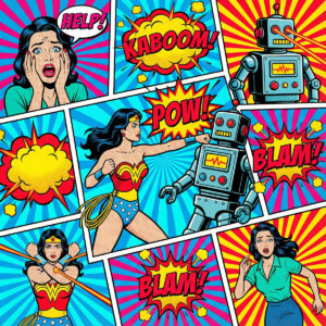 Example of artwork inspired by the Super-Heroine vs. Robot stencil, set in a comic and pop art world with vibrant colors. The different panels depict the duel between the heroine and her mechanical opponent, complete with explosions and onomatopoeia.