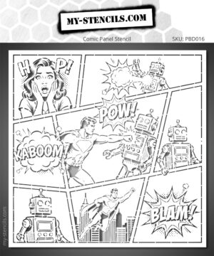 Stencil of Superhero vs. Robot composed like a comic book page. Multiple panels depict the showdown between a superhero and a retro robot, accompanied by explosions and onomatopoeias characteristic of comic books.