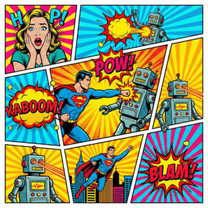 Example of a creation inspired by the Superhero vs Robot stencil, set in a comic book and pop art world with vibrant colors. The various panels depict the duel between the hero and his mechanical adversary through action scenes, explosions, and graphic effects.