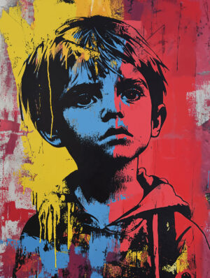 Artwork created with a stencil depicting a child on a colorful background.