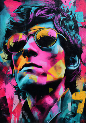 A colorful interpretation of the stencil in a pop art and street art universe. The bright colors, overlays, and textures transform the portrait into a contemporary urban composition.