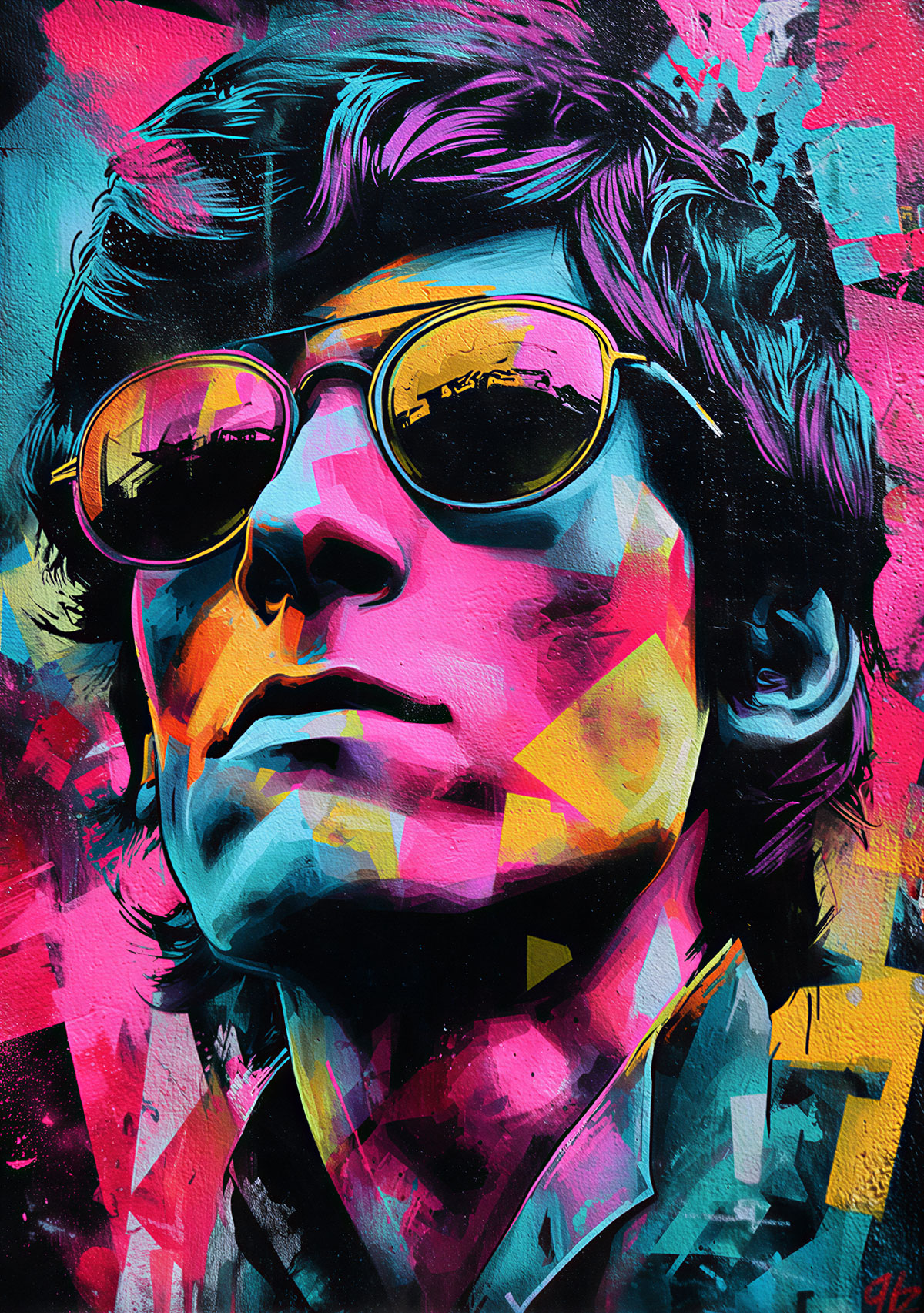 A colorful interpretation of the stencil in a pop art and street art universe. The bright colors, overlays, and textures transform the portrait into a contemporary urban composition.