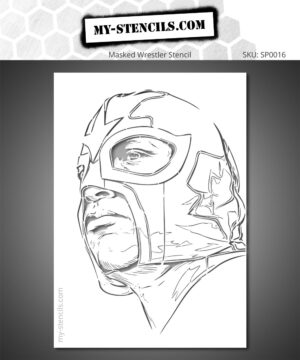 Stencil depicting a close-up portrait of a masked wrestler, inspired by the world of lucha libre. The framing highlights his intense gaze and the distinctive graphic patterns of his mask.