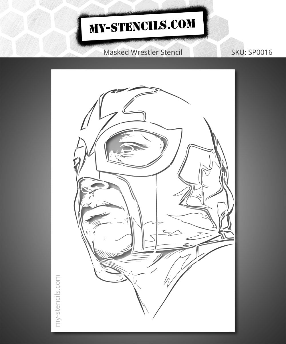 Stencil depicting a close-up portrait of a masked wrestler, inspired by the world of lucha libre. The framing highlights his intense gaze and the distinctive graphic patterns of his mask.