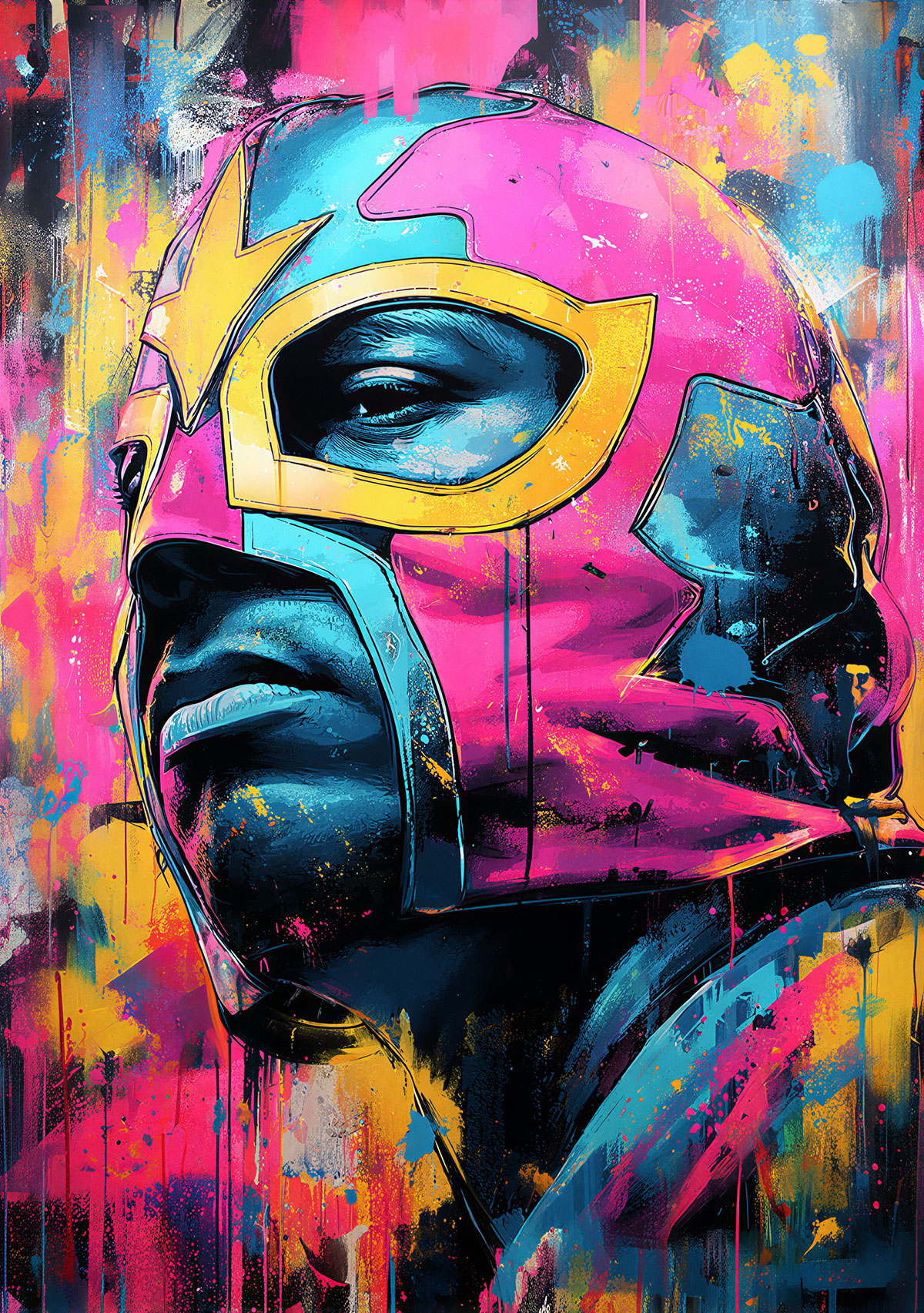 A colorful interpretation of the Masked Wrestler stencil in a pop art and street art style. Pink, blue, yellow, and black blend with splatters, textures, and paint effects to enhance the graphic power of the mask and the portrait.