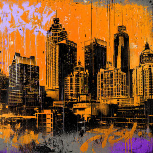 Street art creation made with a stencil of an urban skyline and colorful skyscrapers.