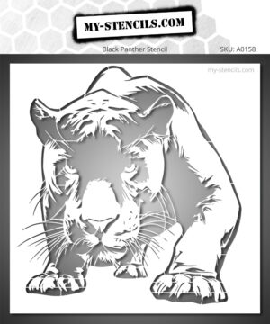Black panther in motion, shown in full, advancing confidently with a powerful big cat silhouette.