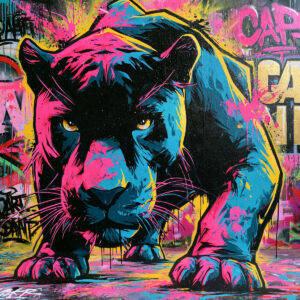 Wall painted with a colorful and dynamic black panther - Created with a stencil - street art style