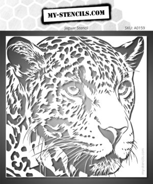 Jaguar stencil slightly in profile, showcasing its characteristic spotted coat, whiskers, and the powerful features of the majestic big cat.