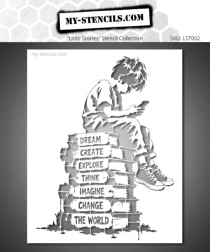 Stencil Street Art of a Child with Smartphone Sitting on a Stack of Books - Activist Art